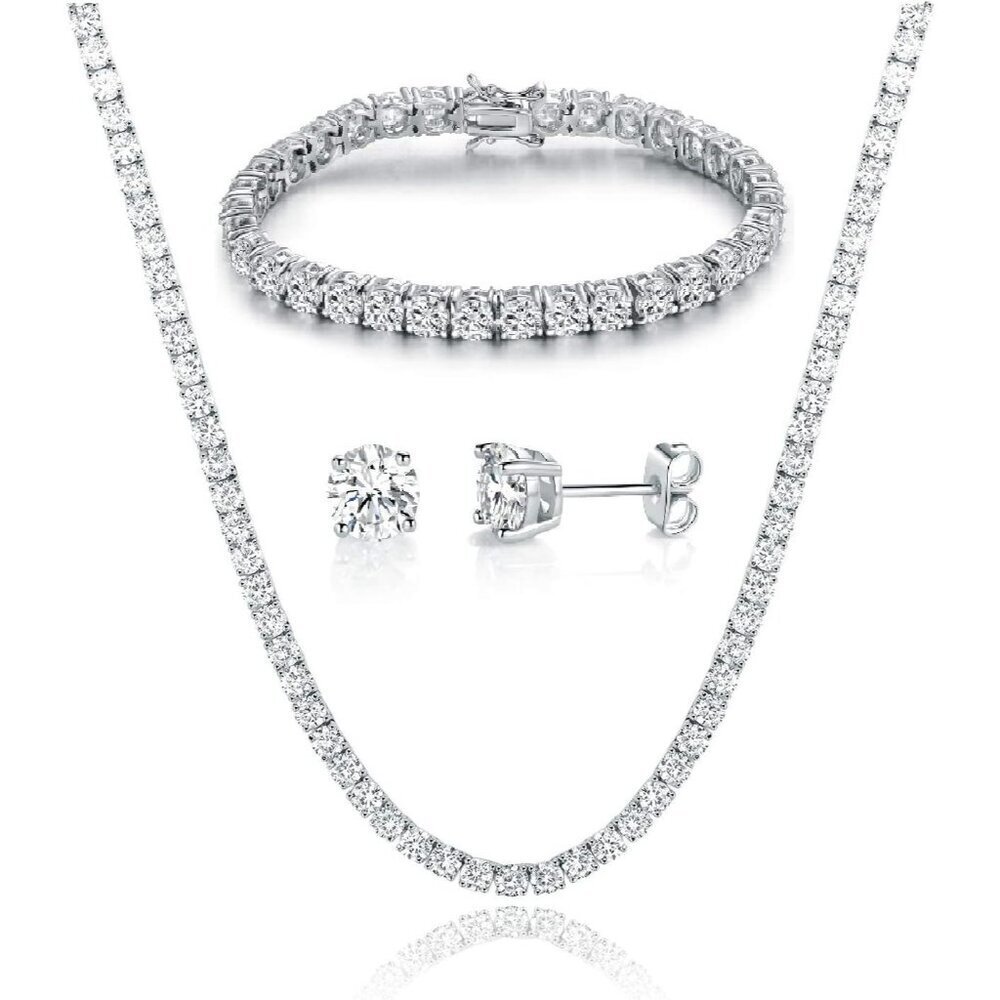 Gold Plated Jewelry Set Tennis Necklace Bracelet Earrings Hypoallergenic